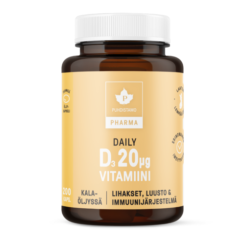 Puhdistamo Pharma Daily D-vitamiini 20 mikrog. 200 kaps.